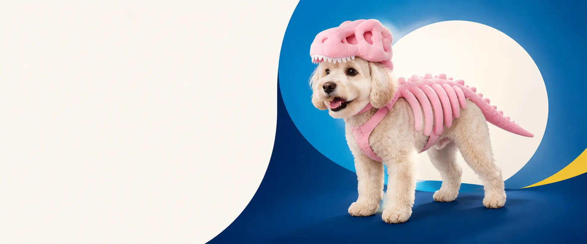 Dog wearing the pink Dino Skeleton Pet Costume